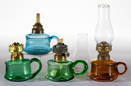 ASSORTED COLORED GLASS MINIATURE FINGER LAMPS, LOT OF FOUR