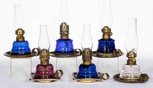 ASSORTED PATTERN METAL-BASE MINIATURE LAMPS, LOT OF SIX