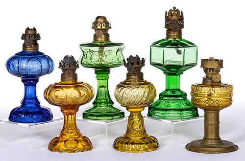 ASSORTED PATTERN COLORED GLASS MINIATURE STAND LAMPS, LOT OF SIX