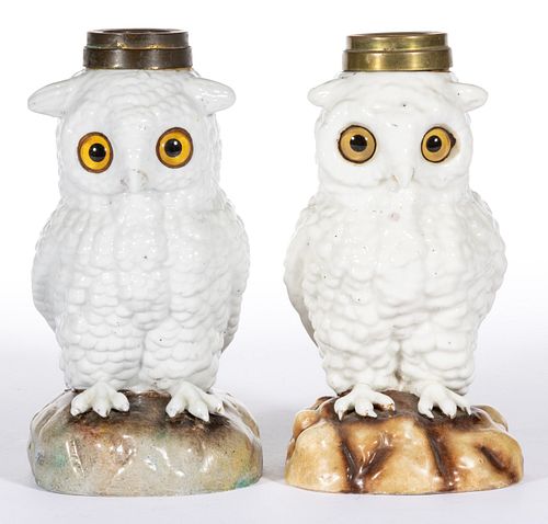 GERMAN PORCELAIN OWL FIGURAL MINIATURE LAMPS, LOT OF TWO
