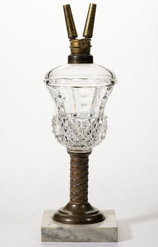 TRIPLE PEG, PANEL AND SAWTOOTH KEROSENE STAND LAMP,