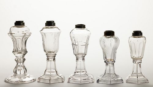 ASSORTED SOUTH BOSTON BLOWN-MOLDED GLASS WHALE OIL / FLUID STAND LAMPS, LOT OF FIVE,