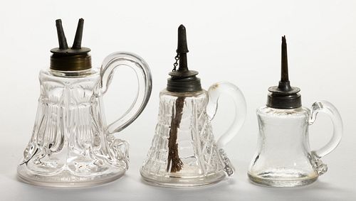 ASSORTED SOUTH BOSTON GLASS WHALE OIL / FLUID FINGER LAMPS, LOTO OF THREE,