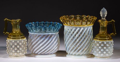 ADONIS SWIRL / HOBNAIL OPALESCENT GLASS ARTICLES, LOT OF FOUR,