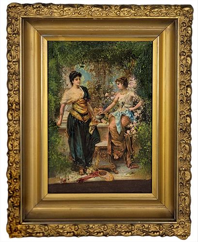 Late 19th C. Painting On Print Oil On Canvas 'Ladies In A Garden' Zatzka Style