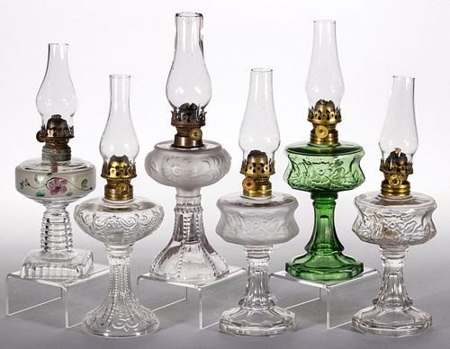ASSORTED PATTERN MINIATURE STAND LAMPS, LOT OF SIX,