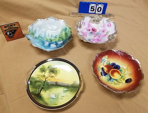 TRAY 2 RS PRUSSIA BOWLS 3"H X 10" DIAM AND 2 3/4"H X 10" DIAM AND NORITAKI CAKE PLATE 10" DIAM AND GERMAN BOWL FRUITS OF FRANCE 2 3/4"H X 9 1/2" DIAM