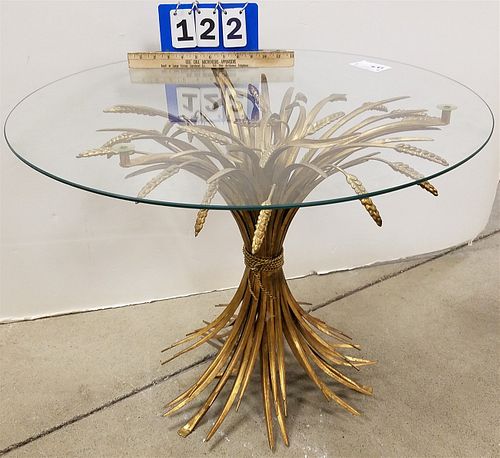 GILT WROUGHT SHAFT OF WHEAT BASE GLASS TOP TABLE 23-1/2"H X 28-1/2"