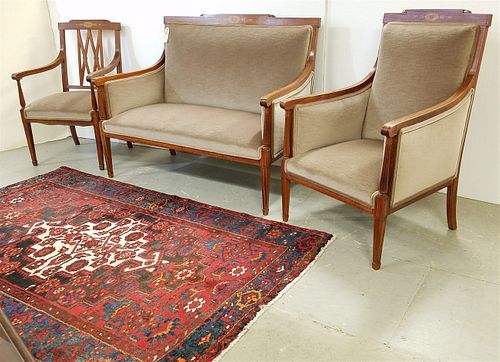 HEPPLEWHITE STYLE INLAID SATINWOOD 3 PC. SET, SETTEE 49-1/2"W X 39-1/2"H + 2 ARM CHAIRS NEWLEY UPHOLS. IN MOHAIR