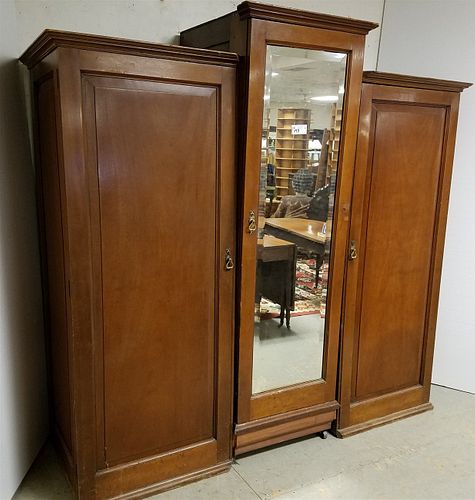 ENGLISH MAHOG 3 PART ARMOIRE MISSING BASES ON END CABINETS 6'6"H X 25-1/2"W X 29"D CENTER 2 ENDS 71"H 29"W X 25-1/2"D