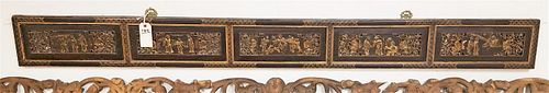 5 FRAMED CHINESE CARVED PANELS 8"H X 6'10"L