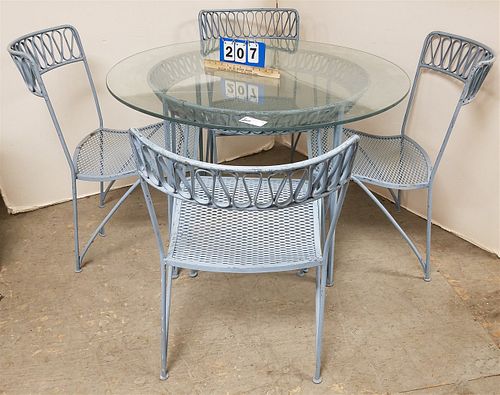 WROUGHT PATIO TABLE W/ GLASS TOP 42" DIAM W/ 4 CHAIRS