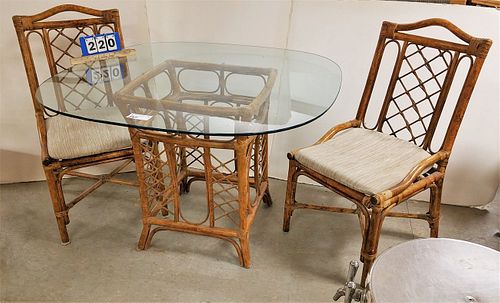BAMBOO BASE GLASS TOP PATIO TABLE 44" DIAM W/ PR CHAIRS