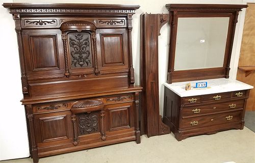 VICT MAHOG 2 PC BED SET MARBLE TOP 5 DRAWER DRESSER 6'8"H X 50 1/4"W X 22"D AND BED 6'8"H X 59" MAGNIFICENT!