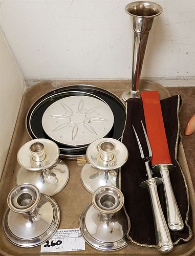 TRAY 2 PR WEIGHTED STERL CANDLESTICKS, VASE, STERL HANDLED CARVING KNIFE AND FORK, TOWLE HOT PLATE AND 2 TRAYS 9" AND 7 1/4" DIAM