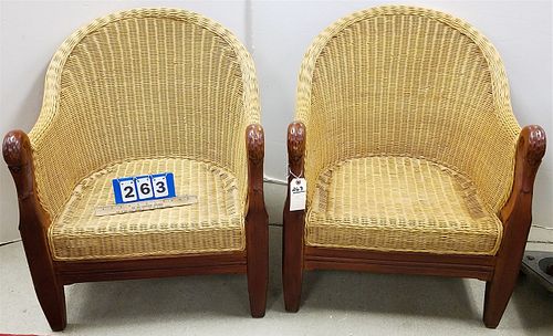 PR KABAY MAHOG FRAME W/ CARVED SWAN ARMS WICKER ARMCHAIRS