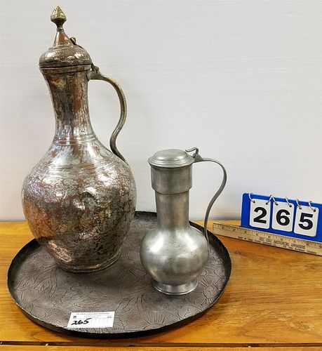 MID EAST SILVERED COPPER TRAY 17" DIAM, 18 1/2" PITCHER AND PEWTER PITCHER