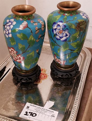 TRAY 2 CLOISSONE VASES 6 1/2" EACH HAS A SMALL DING