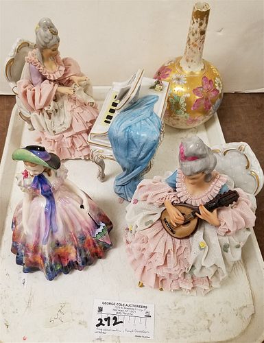 TRAY 3 PC CAPO DIMONTE MUSICIANS, ROYAL DOULTON EASTER DAY FIGURINE 7 3/4" AND 19TH C VASE 8"