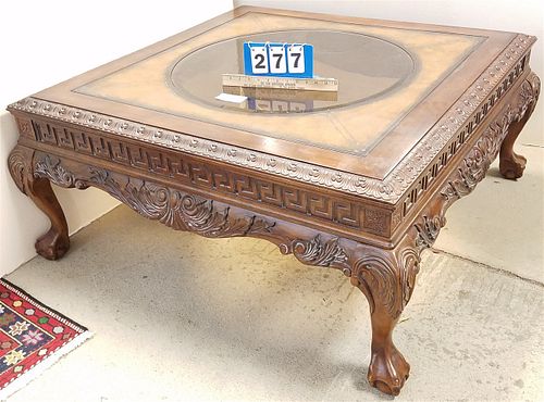 CHIPPENDALE STYLE CARVED GLASS & LEATHER TOP COFFEE TABLE 19 1/2"H X 42"sq & PAIR END STANDS 24"H X 24"W X 28"D