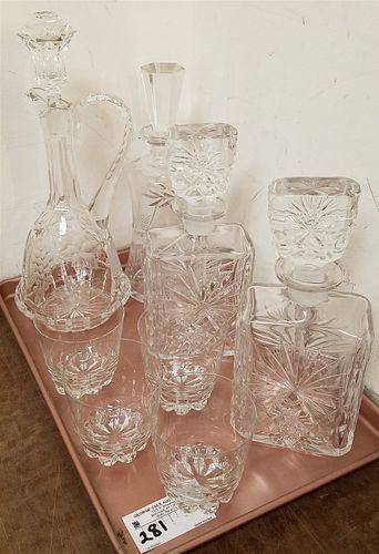 TRAY CUT GLASS & CRYSTAL DECANTER & 4 ROCK GLASSES