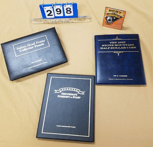 LOT 3 FOLDERS POSTAL COMMEMORATIVE SOCIETY INDIAN HEAD PENNY COLLECTION 20 PC. W/STAMPS, THE 1925 STONE MT. HALF DOLLARS & STAMPS & CONFEDERATE CURREN