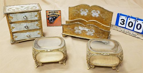TRAY ITALIAN GILTWOOD LETTER HOLDER 7"H X 10"W X 5"D 3 DRAWER CHEST 7" X 10" X 4" & PR. BRASS BEVELLED GLASS BOXES 4"H X 5 3/4" W X 4"D