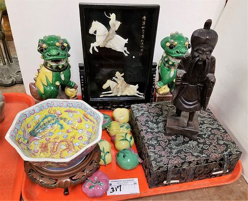 TRAY CHINESE ITEMS LACQUERES TABLES, SCREEN W/MOP INLAY 12 3/4"H X 8 1/2"W, 2 PORCELAIN BOWLS, PR. PORCELAIN FOO DOGS ETC.