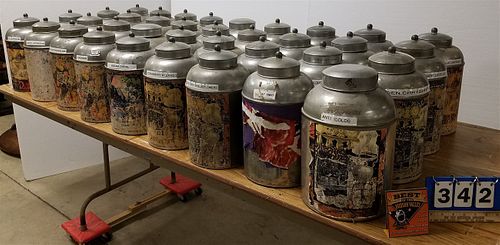 LOT 36 METAL TEA CANNISTERS MADE IN INDIA 15"H X 8"DIAM