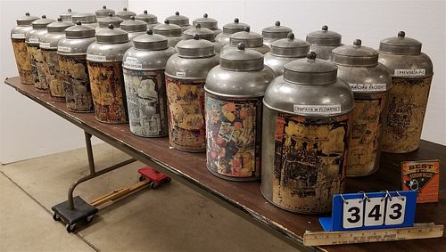 LOT 27 METAL TEA CANNISTERS MADE IN INDIA 15"H X 8"DIAM
