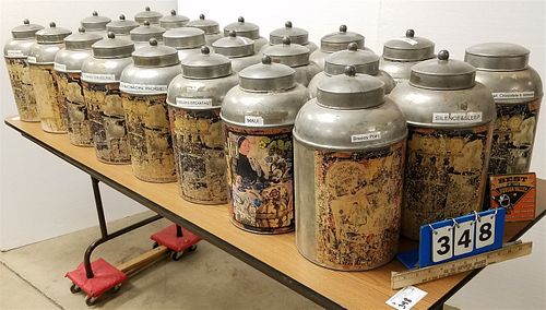 LOT 28 METAL TEA CANNISTERS MADE IN INDIA 15"H X 8"DIM