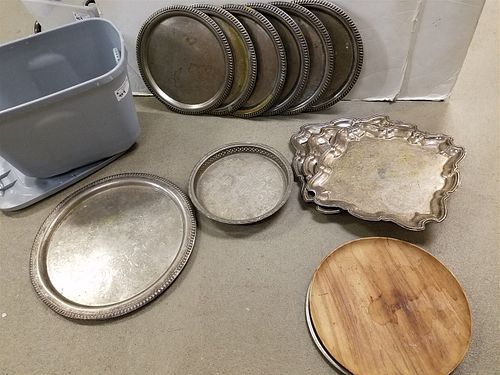 TUB SERVING TRAYS- 11 SILVERPLATE, 1 WOODEN