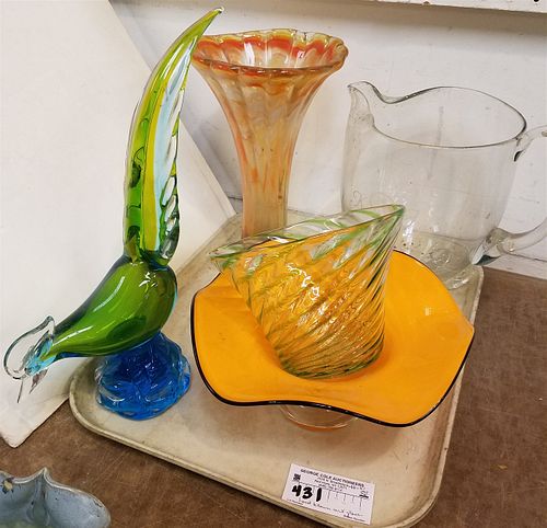 TRAY ART GLASS HAND BLOWN-PHEASANT 14", VASE 11 1/2", PITCHER 10", COMPOTE & BOWL