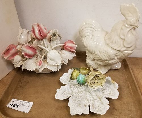 TRAY ITALIAN CERAMIC BOUQUET, ROOSTER COOKIE JAR, LEAF DISH