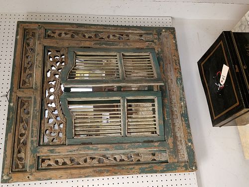 CARVED INDO FRAMED MIRROR W/ 2 DOORS 38" X 35"