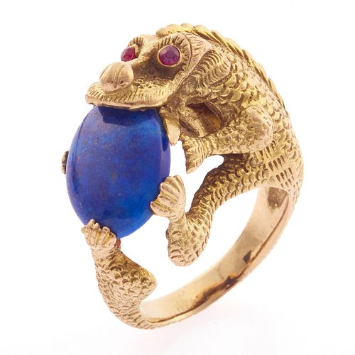 Lapis Lazuli, Ruby, 10k Yellow Gold Lizard Ring
