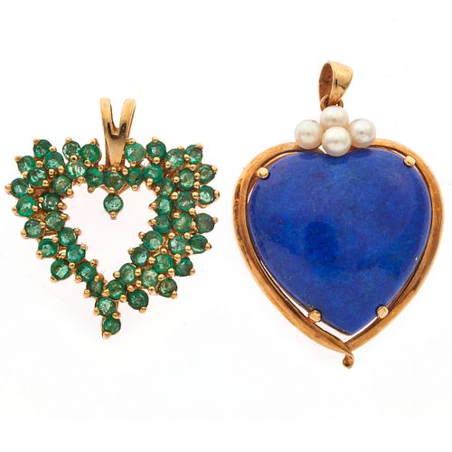 Collection of Two Emerald, Lapis, 14k Heart Pendants