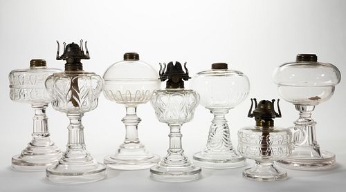 ASSORTED CENTRAL GLASS CO. PATTERN KEROSENE LAMPS, LOT OF SEVEN