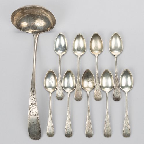 MARYLAND AND PHILADELPHIA COIN SILVER LADLE AND TEASPOONS, LOT OF TEN