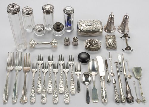 ASSORTED STERLING, SILVER-PLATED, AND OTHER ARTICLES, LOT OF 39