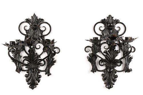 Pair Of Metal 3 Arm Scrolled Acanthus Wall Sconces