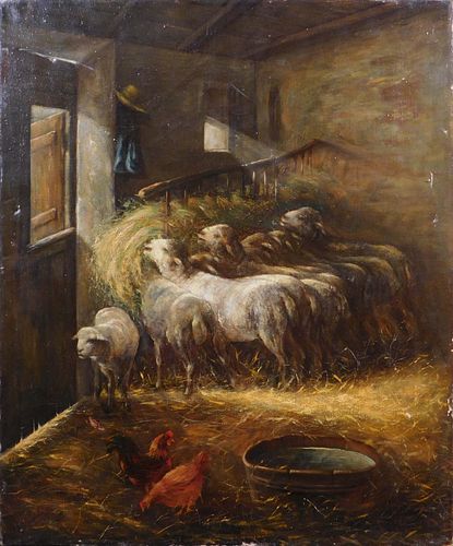 P. Gordon: Barn Scene with Sheep