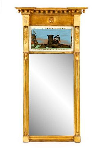 American Empire Giltwood Trumeau Mirror, 19th C.
