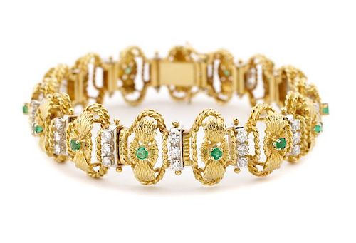 Ladies 18K Yellow Gold, Diamond & Emerald Bracelet
