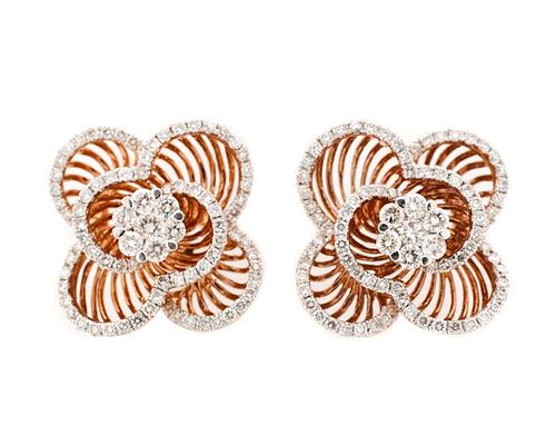 Pair, Ladies 14K Gold & Diamond Flower Earrings