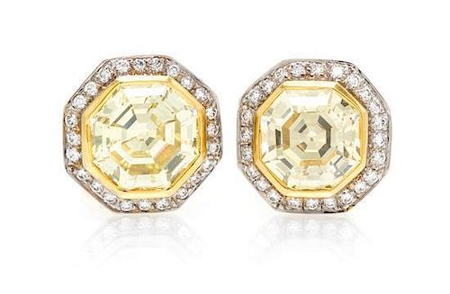 A Pair of 18 Karat Gold, Fancy Color Diamond and Diamond Earclips, 9.20 dwts.