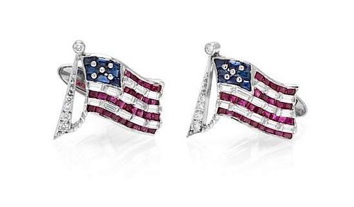 A Pair of Platinum, Diamond, Ruby and Sapphire American Flag Cufflinks, Oscar Heyman Brothers, Previously owned by President Jim