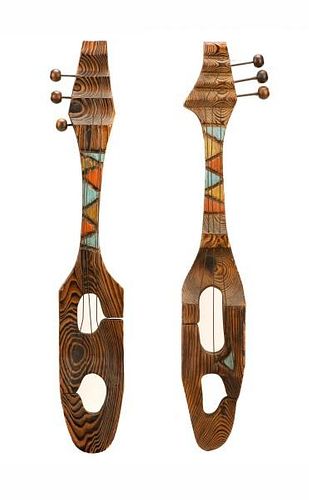 Pair, African Carved & Painted Zebrawood Lutes