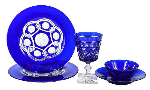 Five American Cut Cobalt to Clear Glass Table Objects