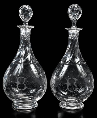 Pair American Brilliant Period "Rock Crystal" Cut Glass Decanters